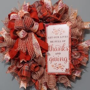 Festive Thanksgiving Wreath with Red and Orange Ribbons